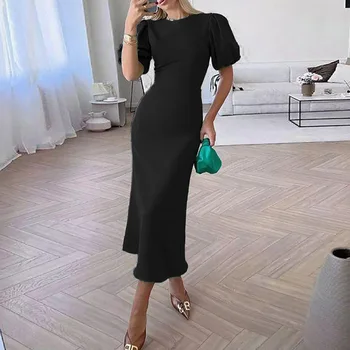 2023 Женское повседневное облегающее платье, Летнее элегантное однотонное платье миди с круглым вырезом, офисные женские модные вечерние платья для вечеринок