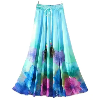 2023 Летняя Шифоновая Повседневная юбка Женская Длинная юбка-фея с модным ретро принтом 