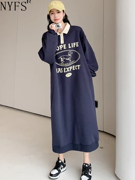 2023 Осеннее новое Корейское женское платье Vestidos Robe Elbise Свободного кроя, большие размеры, воротник Поло с принтом, Длинные платья с длинными рукавами