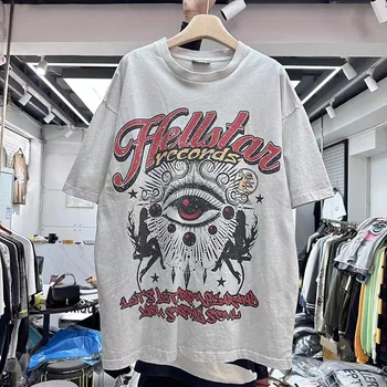 23 Новая футболка Hellstar, Уличная мода, Винтажный принт с монограммой HELLSTAR, повседневная свободная пара, футболка с коротким рукавом, реальные фотографии