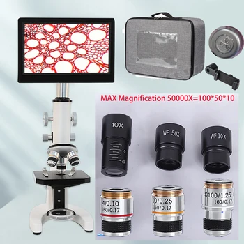 50000X Оптический биологический микроскоп + 5-дюймовый экран для школьной лаборатории, домашнего обучения, фотосъемки с высоким увеличением в формате HD
