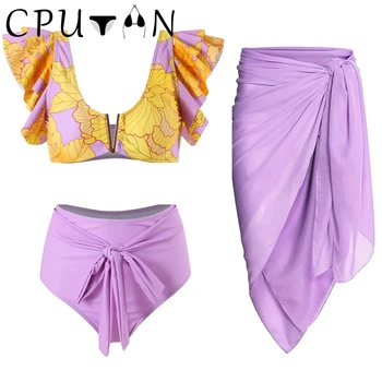 CPUTAN 2023, Сексуальный комплект бикини с оборками и высокой талией, купальник-юбка, Бразильские купальники из 3 частей, купальный костюм с V-образным вырезом и принтом, пляжное платье