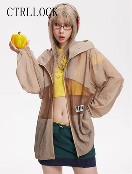 CTRLLOCK В спортивном стиле, Женская свободная летняя куртка с капюшоном и застежкой-молнией в стиле пэчворк из тонкой сетки