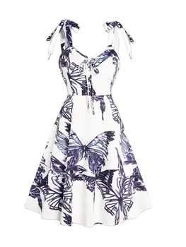 Dressfo, платье на шнуровке с принтом бабочки, женское платье без рукавов с завязками на плечах, летнее платье Миди трапециевидной формы с высокой талией