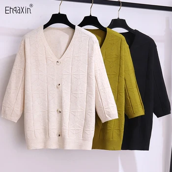 EHQAXIN 2023, Ранняя осенняя женская трикотажная мода и универсальный однобортный свитер свободной вязки с V-образным вырезом, женское пальто, L-4XL