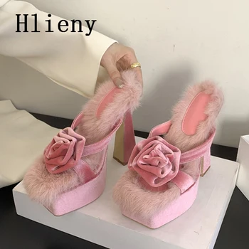 Hlieny 2024 Летние Новые Модные Женские тапочки из искусственного меха с розовым цветком, Дизайнерская платформа, Квадратный носок, Женские туфли на высоком массивном каблуке