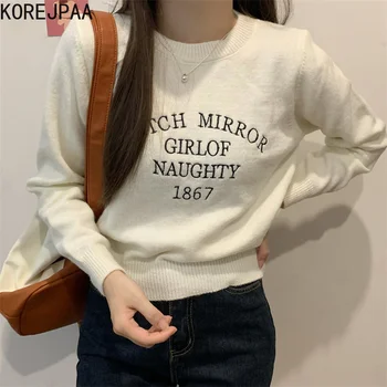 Korejpaa Вязаный свитер с вышивкой в Корейском стиле, Женский осенний пуловер с круглым вырезом, топ, женская Повседневная мода, тянущая одежда