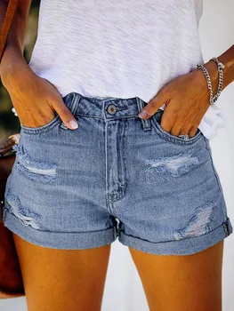 Liooil/ Сексуальные рваные короткие джинсы в обтяжку с манжетами, женская летняя уличная одежда с карманами, хлопковые джинсовые шорты-стрейч с высокой талией и отверстиями