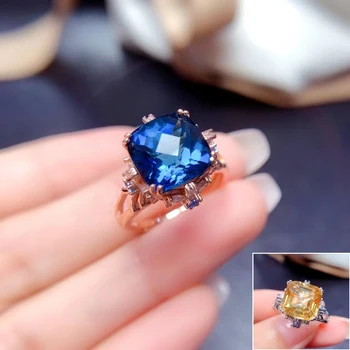 MeiBaPJ 10*10 мм Натуральный Лондонский голубой топаз/Цитрин Модное кольцо для женщин из настоящего серебра 925 пробы Изысканные свадебные украшения