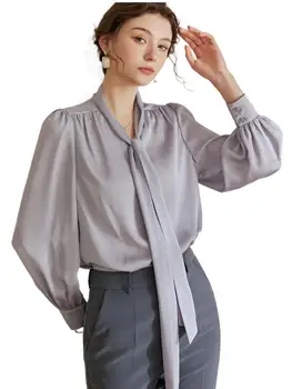 Атласная рубашка с завязывающимся воротником спереди, манжетами с длинными рукавами и дизайном на пуговицах, Модная рубашка, Женский осенний топ, универсальный