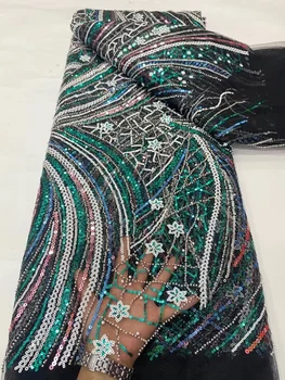 Африканская кружевная ткань с бисером 2022, 5 ярдов, белая для свадебных платьев, высококачественная сетчатая тюль с блестками из Дубая, хрустальные бусины ручной работы.