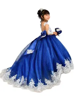 Блестящее платье с кружевной аппликацией из тюля для девочек в цветочек, изысканная вечеринка, детский бант на День рождения, платья принцессы длиной до пола