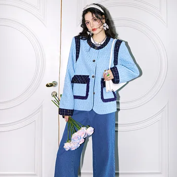 Весенне-осенняя новая синяя куртка, женская Корейская мода, индивидуальность, круглый вырез, Свободные однобортные цветные топы, пальто