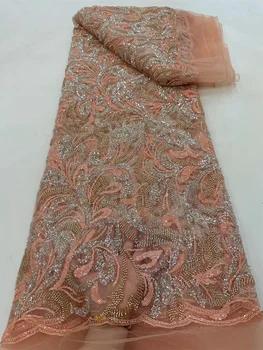 Высококачественная кружевная ткань ручной работы с бисером, персиковая вышивка, французское кружевное свадебное платье, тюлевая ткань с вышивкой, элегантные платья Wp179-2