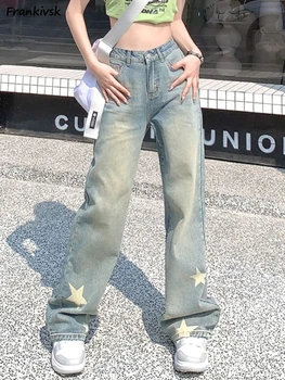 Джинсы с геометрическим принтом, женские джинсы с высокой уличной шириной, свободные, японский стиль, длина по щиколотку, Офисные леди 2023, Ретро Простые универсальные