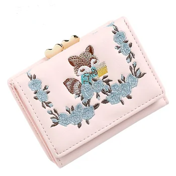 Женская вышивка с милой лисой, короткий кошелек в три сложения, маленькая сумочка, короткий кошелек из искусственной кожи