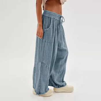 Женские брюки Y2k, винтажные модные Свободные однотонные повседневные брюки с эластичным поясом и карманом на шнурке, хлопковые брюки, Элегантные брюки
