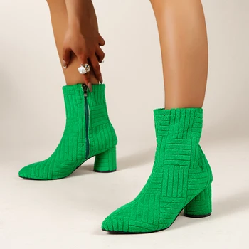Женские зеленые ботильоны на высоком каблуке, Новые зимние теплые женские вельветовые ботинки с острым носком, женские повседневные ботинки на молнии сбоку, большие размеры