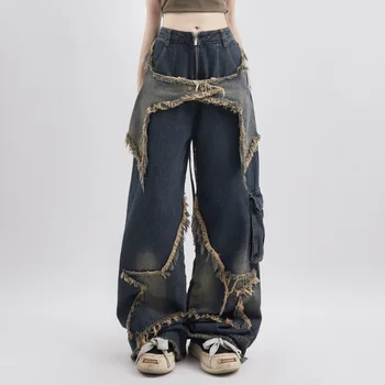 Женские синие джинсы Контрастных цветов, широкие брюки American Street с высокой талией, модные осенние прямые брюки в стиле хип-хоп, винтаж