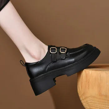 Женские туфли-оксфорды, кожаная обувь на платформе с двойной пряжкой, швейные босоножки, черные туфли-броги в британском стиле, осень-весна 1480N