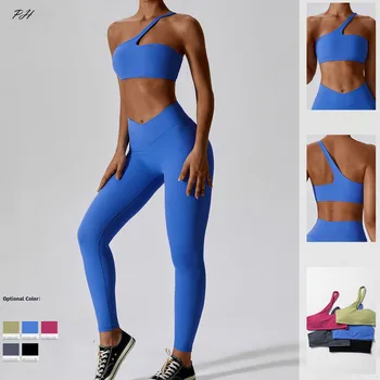 Женский сексуальный спортивный комплект для йоги, одежда для фитнеса, спортивный топ с диагональным плечом, Леггинсы, костюм для отдыха, спортивная одежда для бега.