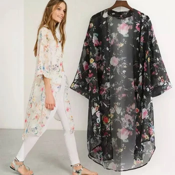 Женское повседневное винтажное Кимоно, кардиган, Женское летнее шифоновое кимоно 2020 года, вязаное крючком, Preto, Свободная блузка с принтом Флоры, Топы, Черный