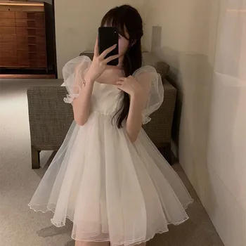 Женское сексуальное сетчатое платье принцессы с квадратным вырезом и рукавами-пузырями, белое платье с пышной юбкой