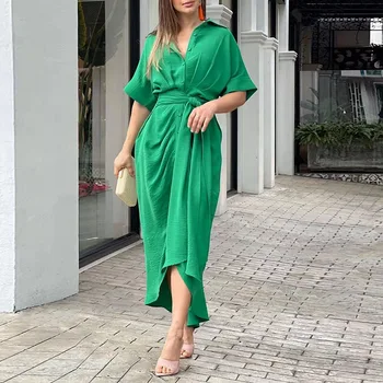 Зеленое Свободное платье-рубашка Макси, женское летнее повседневное Элегантное Бандажное длинное платье с отложным воротником и пуговицами, с коротким рукавом и рюшами