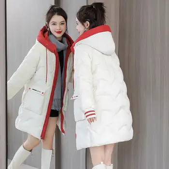 Зимняя хлопчатобумажная куртка цвета Хаки с капюшоном Женская 2023 Корейская мода Ярких цветов, Свободная Теплая Короткая Пуховая куртка с хлопчатобумажной подкладкой, куртка