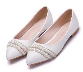 Классическая женская свадебная обувь ручной работы, женские жемчужно-белые свадебные туфли на плоской подошве, сексуальное удобное платье с белым жемчугом, остроносые туфли