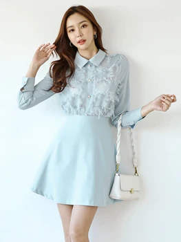 Корейская мода, весна-осень, женская рубашка, Короткое платье, Женское Формальное шикарное платье с длинным рукавом, тонкое мини-платье для вечеринок, Vestido, уличная одежда