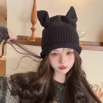 Корейская осенне-зимняя новая вязаная шапка с заячьими ушками, милые теплые милые шапочки Skullies, уличная универсальная шапочка-бини для мужчин и женщин
