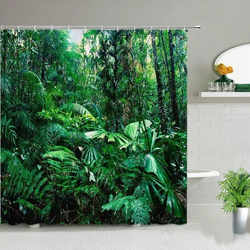 Лесной пейзаж Занавески для душа Зеленое Тропическое растение Пальма Цветочные Листья Сад Природные Пейзажи Декор ванной Комнаты Занавеска для ванны
