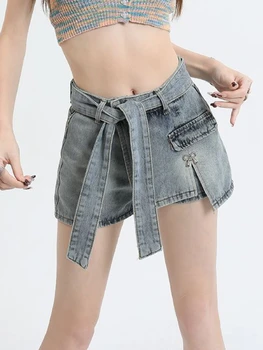 Летние однотонные французские винтажные шорты, женские повседневные модные джинсовые брюки на шнуровке, женские дизайнерские милые брючные юбки трапециевидной формы с бантом, новинка 2023 года