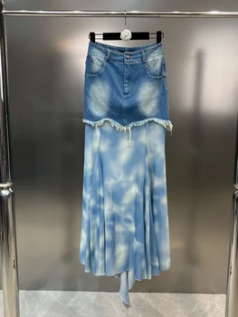 Лето 2023, женская юбка с длинным необработанным краем, Изношенные, выстиранные, окрашенные Юбки из пряжи, уличная одежда