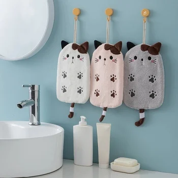 Махровое полотенце с вышивкой кота, Супер Абсорбирующий Подвесной тип домашнего декора, Коралловое бархатное полотенце для рук двойного назначения, принадлежности для ванной комнаты