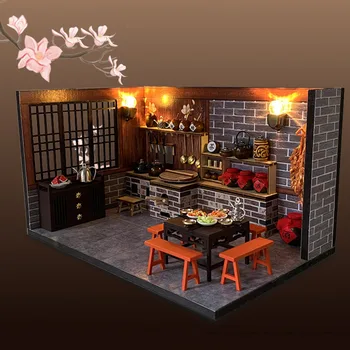 Миниатюрные Наборы деревянных кукольных домиков своими руками С мебелью Китайская Старинная Кухня Roombox Вилла Кукольный Домик Собранные Игрушки Подарки Casa