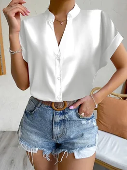 Модная Элегантная Женская блузка 2023, Летние Простые топы, Однотонные Свободные Офисные рубашки на пуговицах с V-образным вырезом, Женские Белые рубашки, Топ