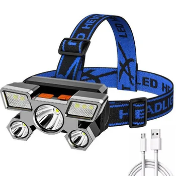 Налобный фонарь USB Перезаряжаемый Портативный 5LED-фонарь со встроенным аккумулятором, портативный рабочий фонарь для рыбалки, кемпинга, головной фонарь