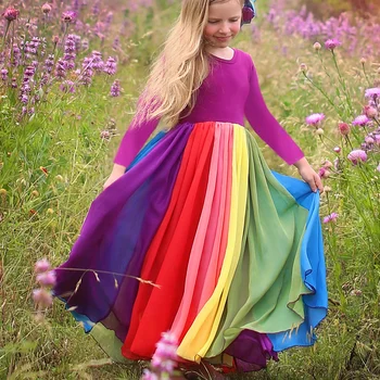 Новая мода Осень Зима Радужный Хлопковый цветной блок с длинными рукавами Милые Хлопковые вечерние платья для маленьких девочек Платье принцессы для девочек