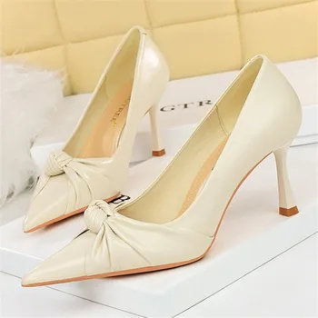 Новые модные женские туфли-лодочки на высоком каблуке 8 см, женские бордовые туфли на среднем низком каблуке, фетиш для ночного клуба, офисной вечеринки, качественная обувь с узлом бабочки