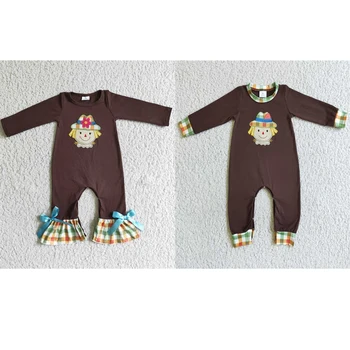 Оптовый западный бутик new rts для новорожденных малышей с вышивкой коричневого цвета с длинными рукавами для мальчиков и девочек, подходящие комбинезоны