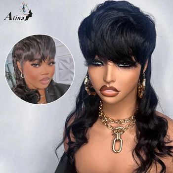 Парик с челкой Atina Body Wave, полностью машинный парик из человеческих волос, бразильский Волнистый парик для чернокожих женщин, летний парик для волос