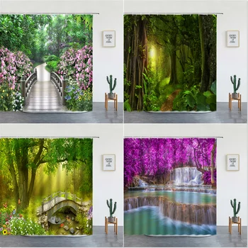 Пейзаж Лесного водопада, Занавески для душа, Тропический лес, Зеленый Бамбук, Набивная ткань с горным рисунком, Роскошный декор для ванной комнаты