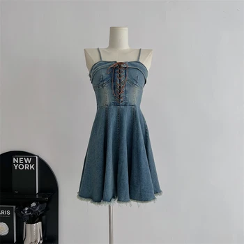 Сексуальное, милое, пикантное Платье-повязка трапециевидной формы с джинсовым ремешком для девочек, женские короткие джинсовые мини-платья 2023