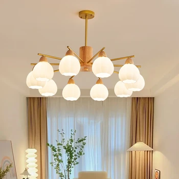 Современная светодиодная деревянная люстра со стеклянным абажуром, светильник в японском стиле для спальни, столовой, кухни, светильников для домашнего декора