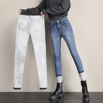 Флисовые термо-джинсы, женские зимние эластичные узкие брюки-карандаш, толстые теплые повседневные обтягивающие женские плюшевые джинсовые ботинки, брюки