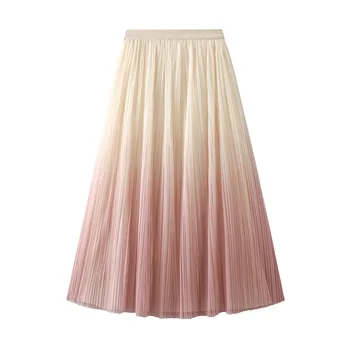 Элегантная плиссированная юбка постепенного цвета, Летние новинки, Легкие Роскошные фатиновые юбки трапециевидной формы с высокой талией для женщин 0872