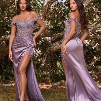 Элегантное фиолетовое вечернее платье с открытыми плечами, аппликации, Атласное платье Русалки для выпускного вечера, расшитое бисером сбоку, сшитое на заказ вечернее платье