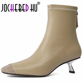 【JOCHEBED HU】 Брендовые женские ботинки на высоком каблуке с квадратным носком, эластичная кожаная женская обувь, роскошные ботинки на шпильке
